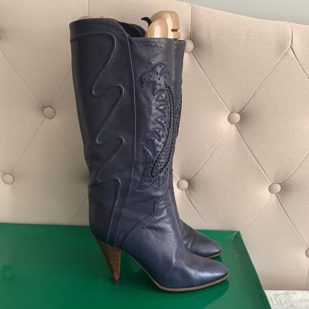 Navy blue western style heeled boots - Picture 3 of 9